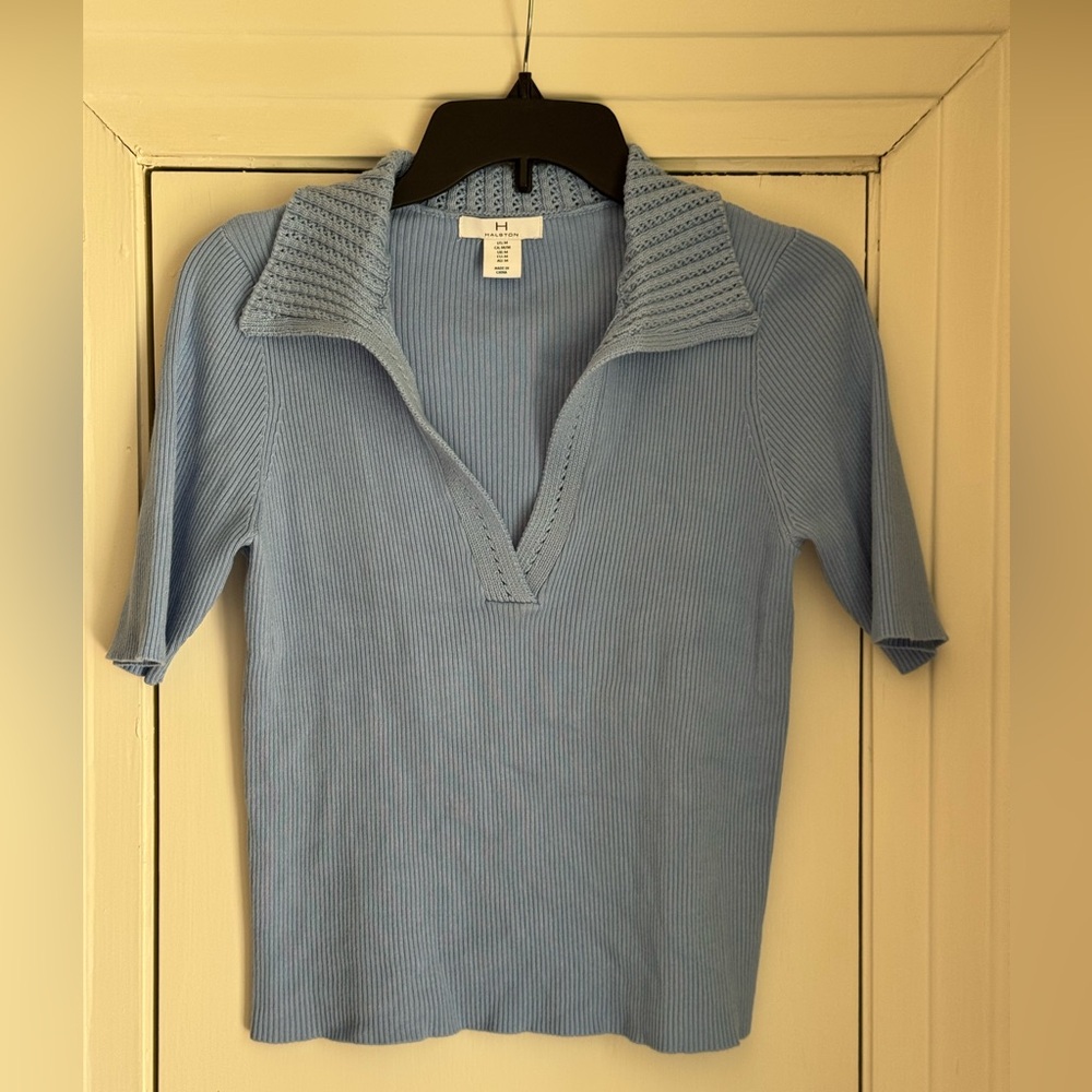 H by Halston periwinkle blue ribbed polo top